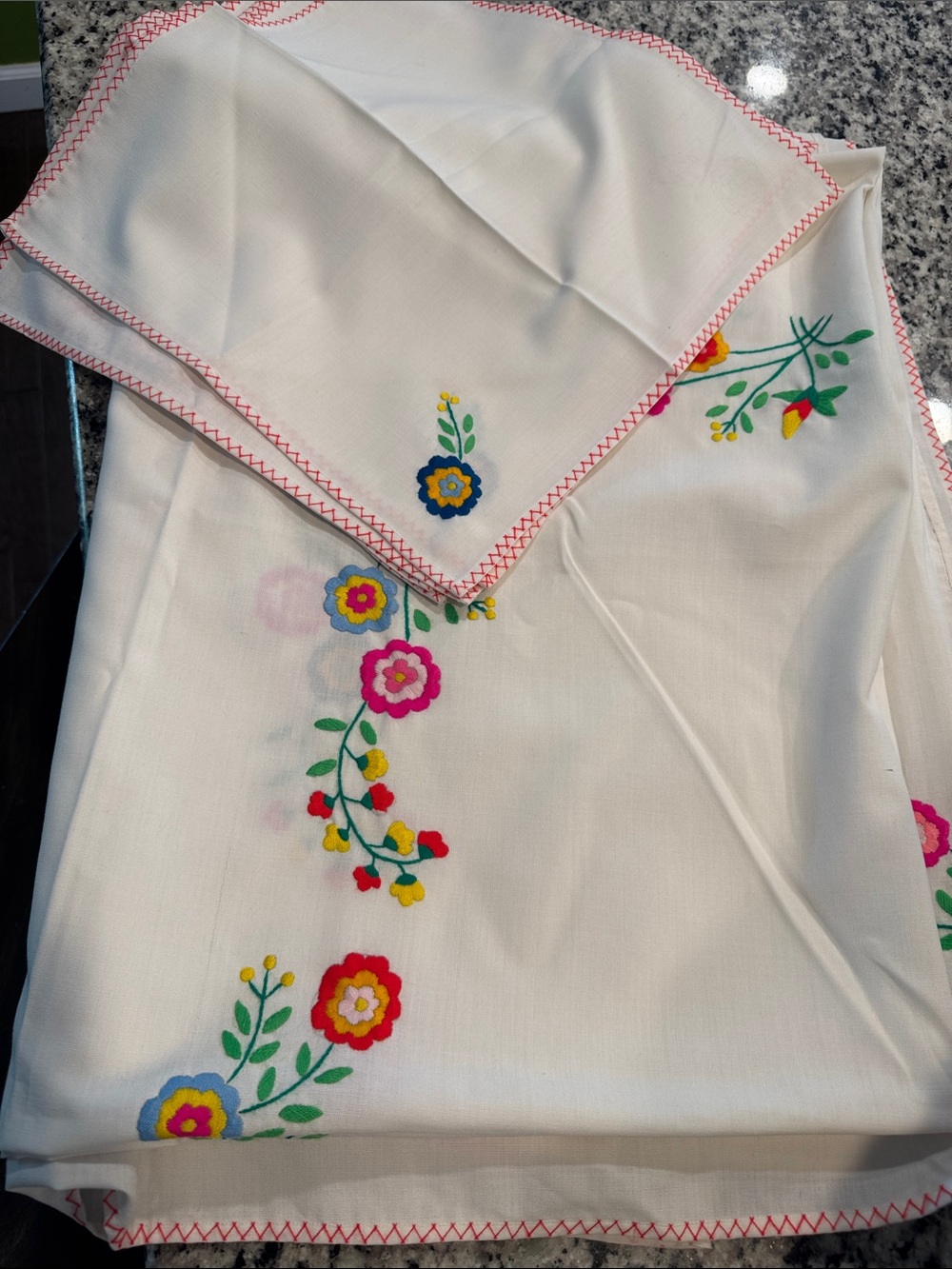 Vintage White Table Linen with Pink, Yellow, Blue & Green Floral Embroidery - Picture 1 of 9